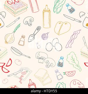 Seamless pattern with cookies: bacon, tomato, chicken, bread, lettuce, mayonnaise, mustard, scrambled eggs on beige background Stock Vector