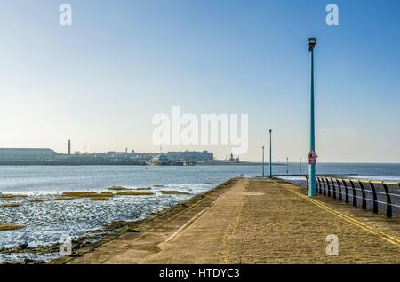 Boat slipway at Knott End-on-sea, Lancashire, England with a view of Fleetwood on the far side. Stock Photo