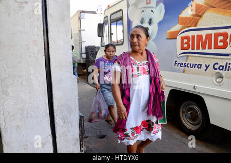 woman in traditional mayan dress in valladolid mexico Stock Photo