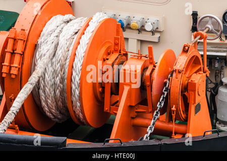 A large winch on a cargo ship carrying coal for the Hadera electric plant, Israel. Stock Photo