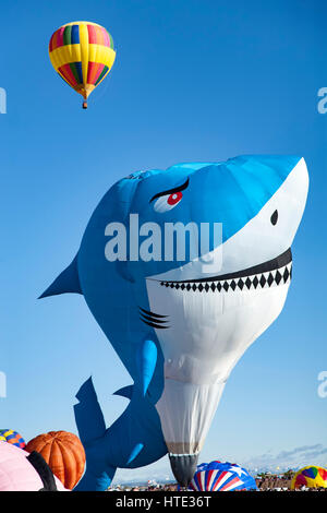 Shark hot air balloon over crowd, Albuquerque International Balloon Fiesta, Albuquerque, New Mexico USA Stock Photo