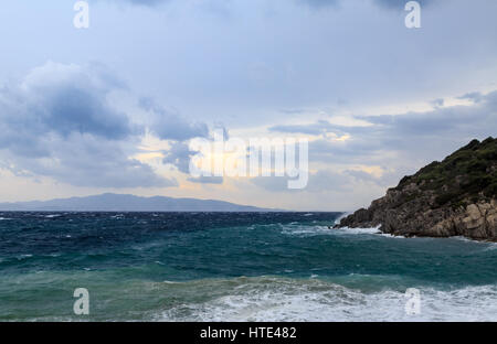 Big waves in the beach near Datca during storm Stock Photo