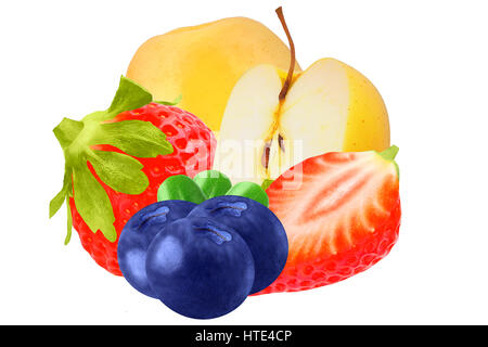 Fresh fruits apple, kiwi and three blueberries isolated on white background as package design element. Healthy eating. Stock Photo