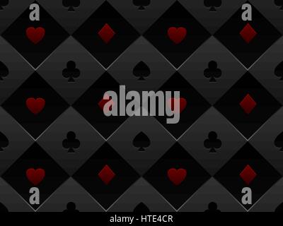 Black and red seamless pattern fabric poker table. Minimalistic casino vector 3d background with texture composed from volume card symbol Stock Vector