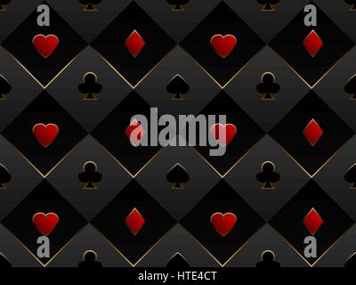 Black and red seamless pattern fabric poker table. Minimalistic casino vector 3d background with texture composed from volume card symbol Stock Vector