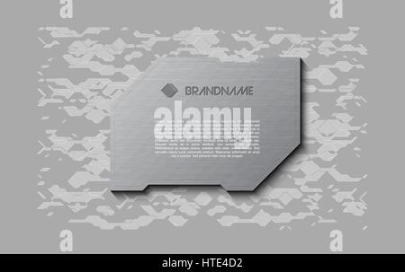 Abstract grey futuristic soft welcome screen. Metal technology plate on chaotic scheme background. Sci-fi geometric vector techno element design Stock Vector