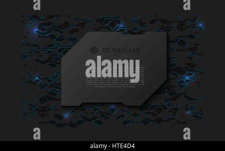 Abstract black futuristic soft welcome screen. Metal technology plate on chaotic scheme background. Sci-fi geometric vector techno element design Stock Vector