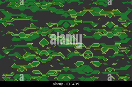 Seamless abstract vector futuristic green techno texture. Yellow neon line gray background. Geometric tech futuristic pattern design. No transparent Stock Vector