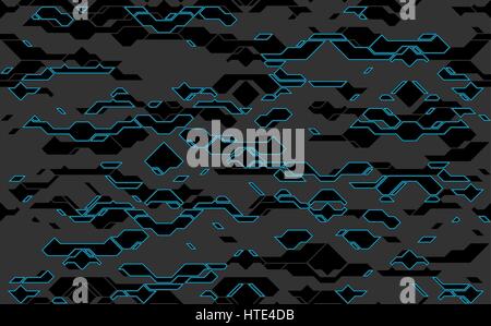 Seamless abstract vector futuristic dark techno texture. Blue electron energy line on gray background with black element. Power neon light tech Stock Vector