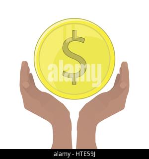 Hands folded with a boat to hold a coin. Posture of peace. Help, protection. On white background for your design. Stock Vector