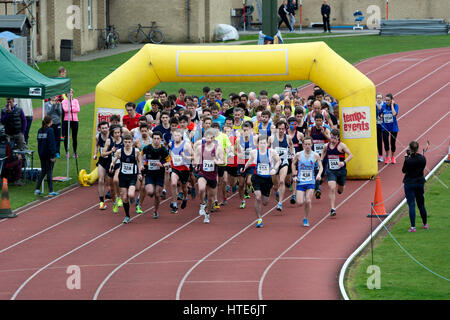 Runners at Iffley Road track at the start of the Teddy Hall Relays, Oxford, UK Stock Photo