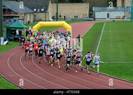 Runners at Iffley Road track at the start of the Teddy Hall Relays, Oxford, UK Stock Photo