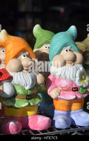Garden gnomes in a shop window display. Stock Photo