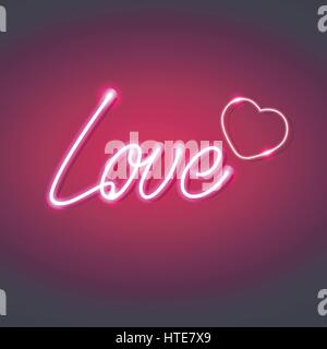 Bright neon inscription Love with heart symbol on pink background Realistic style Stock Vector