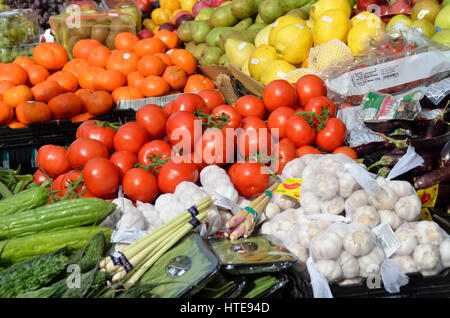 Fresh fruit and vegetables on a stall. Stock Photo
