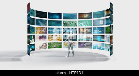 Video Wall on White Background with Person Viewing Screens Stock Photo