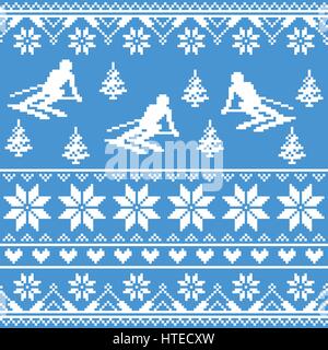Winter knit pattern - man skiing on blue background Stock Vector