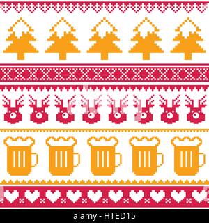 Christmas seamless pattern with beer, reindeer and trees - red and orange isolated on white Stock Vector
