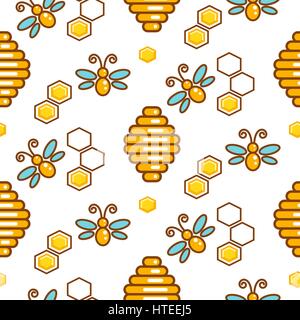 Vespiary and bees seamless vector outline pattern. Stock Vector