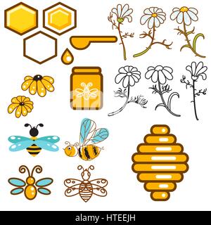 Honeybee and flowers apiary vector icon set. Stock Vector