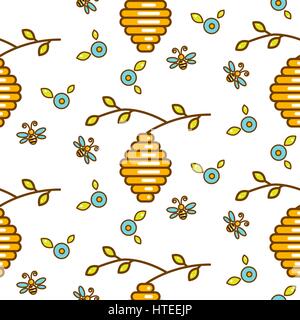 Vespiary, flowers and bees seamless vector pattern. Stock Vector