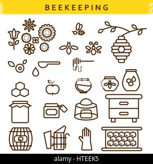 Beekeeping vector line icon set. Stock Vector