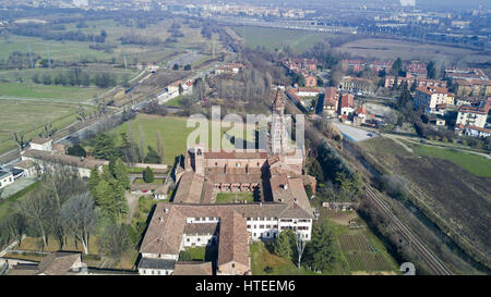 Panoramic view of Monastery of Chiaravalle, Abbey, aerial view, Milan, Lombardy. Italy Stock Photo