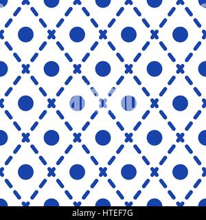 Geometric blue and white minimalistic vector pattern. Circles and dashed rhombuses background. Stock Vector