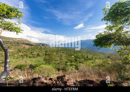 An old stone wall on a pilgrimage path between the towns of Barichara and Guane in Colombia. Stock Photo