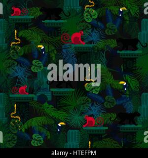 Rainforest wild animals and plants seamless vector pattern. Panther and monkey in the dark jungles. Stock Vector