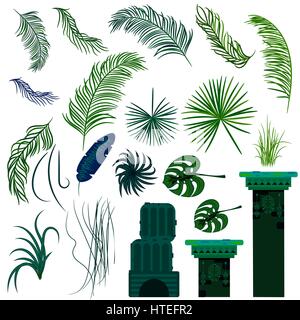 Jungle leaves and old ruin columns isolated objects. Rainforest vector plants and green palms. Stock Vector