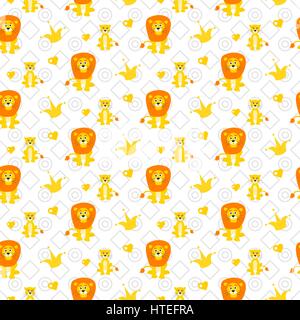 Cute lion and lioness seamless vector pattern. Cartoon yellow wild safari animals and crown on white background for kid textile prints and apparel. Stock Vector