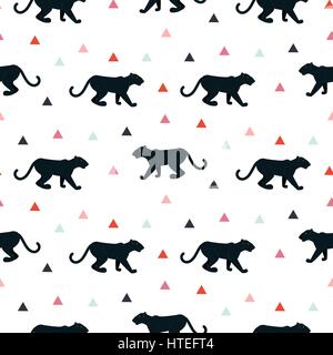 Silhouette of leopard seamless white pattern. Black wild cat on white background with pink triangles. Stock Vector