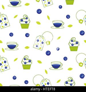 Vector tea bag blueberry pattern. Blue tea cup and cup cakes with berries white seamless background for package. Stock Vector