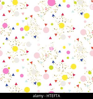 Confetti seamless white glitter vector background. Pink and yellow dots and triangles pattern on white. Stock Vector