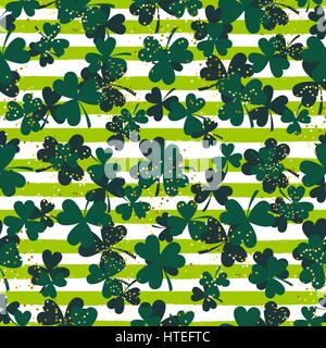 Shamrock green striped trefoil leaf seamless vector pattern. St. Patrcks day green clover glitter background. Stock Vector