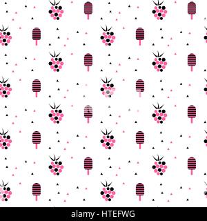 Summer tasty pink pattern with ice cream and raspberries. Fresh seamless cute vector white background. Stock Vector