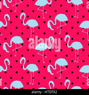Blue and pink flamingo silhouette dotted pattern vector. Girlish glam seamless bright pop art retro background. Stock Vector