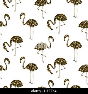 Flamingo silhouette seamless vector texture. Gold glitter bird stencil pattern. Stock Vector