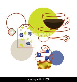 Blueberry tea bag and cup of tea with cupcake vector. Dessert breakfast illustration for package or menu. Stock Vector