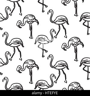 Flamingo black outline sketch seamless vector texture. Black and white aloha bird hand drawn surface pattern. Stock Vector