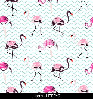 Hand drawn purple flamingo bird on blue zigzag waves seamless pattern. Tropic birds on white with brush strokes and hand painted pink plumage decorati Stock Vector