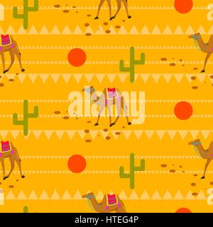 Desert camels in sands seamless pattern. Stock Vector