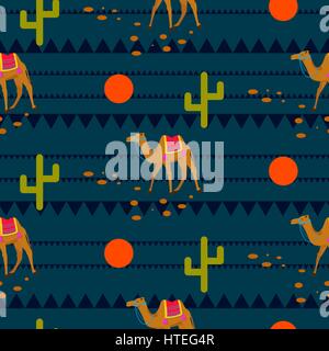 Desert camels on ethnic night blue pattern. Stock Vector
