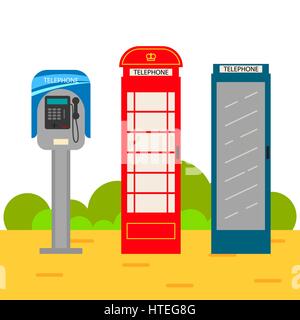 Telephone booth cartoon set. Stock Vector