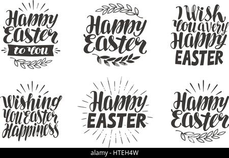 Easter label, greeting card. Celebration icons set, symbols. Lettering, calligraphy vector illustration Stock Vector