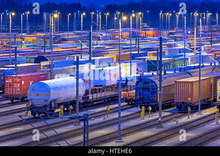 Parked freight cars on tracks at night, marshalling yard Maschen, Maschen, Lower Saxony, Germany Stock Photo