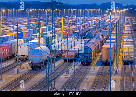 Parked freight cars on tracks at night, marshalling yard Maschen, Maschen, Lower Saxony, Germany Stock Photo