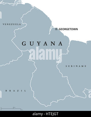 Guyana political map with capital Georgetown and national borders. Republic, country and sovereign state on northern mainland of South America. Stock Photo