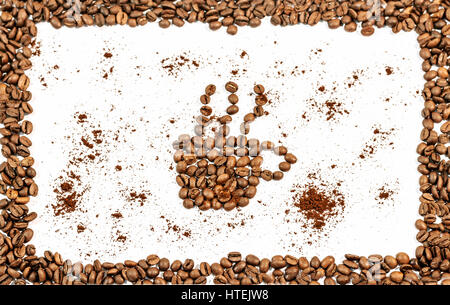 Coffee cup with smoke right side frame made from coffee bean on white Stock Photo